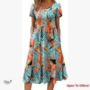 Short Sleeve Midi Dress with Pockets, A-Line Floral T-Shirt Dress